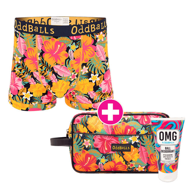 Hibiscus Grooming Set Bundle - Mens Boxer Briefs, Wash Bag & Ball Deodorant Bundle