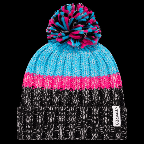 Black | Cyan | Pink - Knitted Bobble Hat